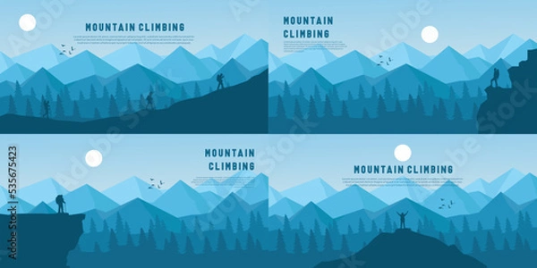 Obraz Vector landscape set in blue. Travel concept of discovering, exploring and observing mountain nature. Hiking. Adventure travel. The man looks at nature, climbs to the top, friends go hiking