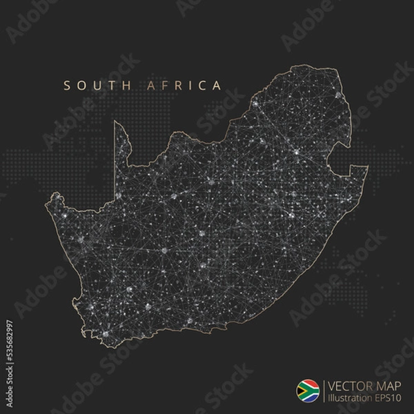 Fototapeta South Africa vector map abstract geometric mesh polygonal light concept with gold and white glowing contour lines countries and dots on dark background.