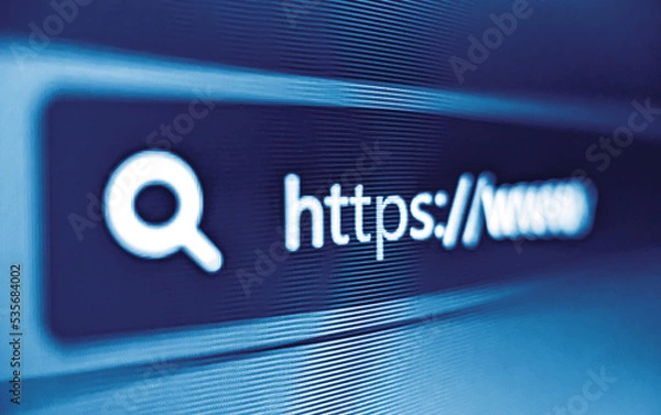 Fototapeta Pixelated closeup view of internet browser address bar with https and search icons in blue