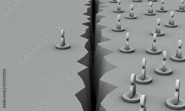 Obraz 人々を分断する大きな地割れ。家族や仲間から引き離された孤独な人物。分断と別離を表すコンセプト。