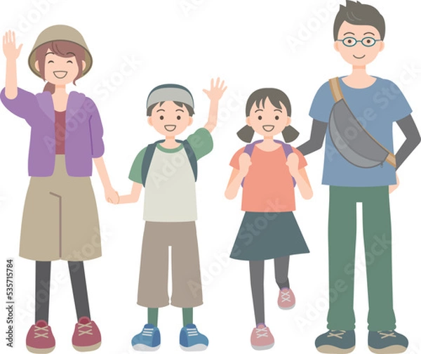 Fototapeta 楽しそうな家族のイラスト　アウトドアファッション