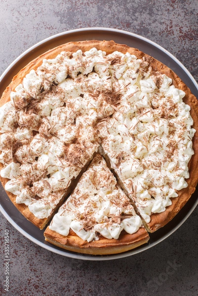 Fototapeta Sweet pie with a filling based on rice pudding topped with whipped cream and chocolate chips close-up in a plate on the table. Vertical top view from above