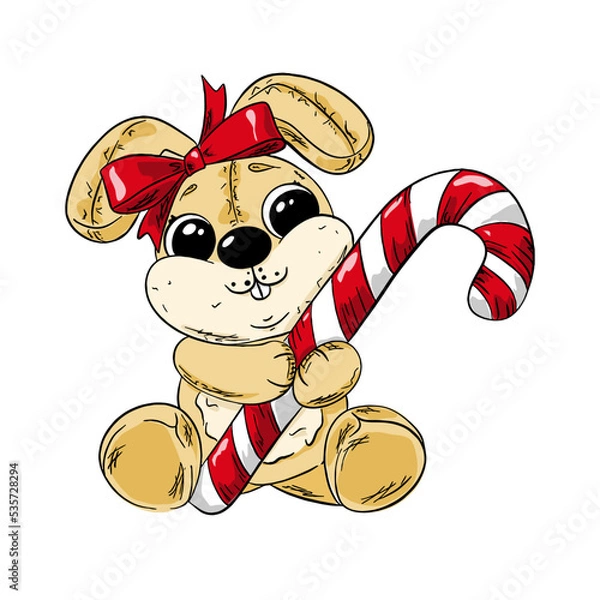 Fototapeta Cute bunny with a Christmas lollipop. Print for printing. Symbol of the year 2023.