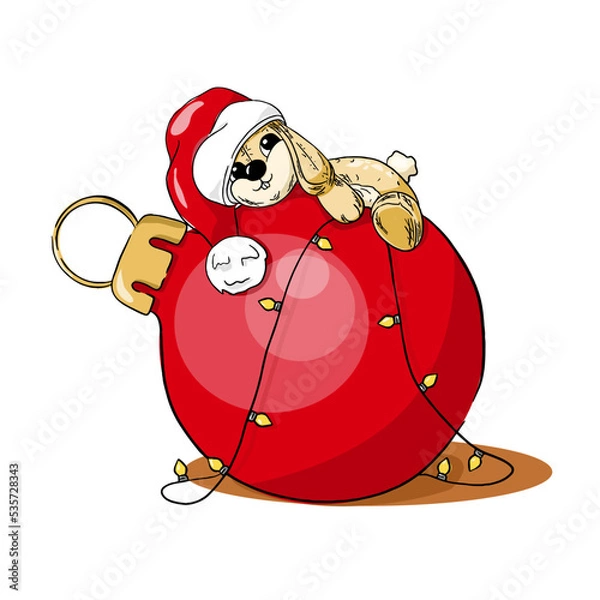 Obraz A rabbit in a Santa hat is lying on a Christmas ball. Print for postcards, posters, invitations.