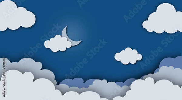 Obraz white and transparent clouds in the blue sky with the moon, vector moon with clouds background .paper Cloudy paper cut art style cut, vector illustration. Horizontal background.