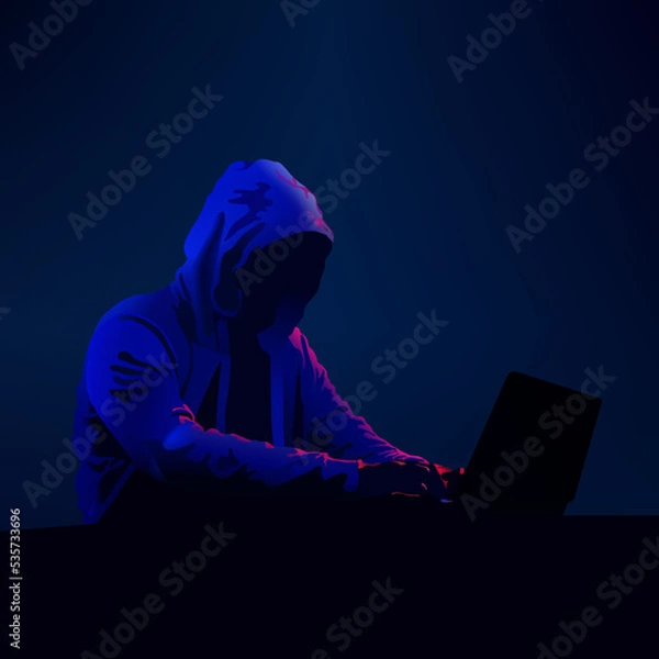 Obraz Hacker in dark. Hooded figure on computer. Cyber security person. Black hat hacking. Neon light theme. Vector illustration.