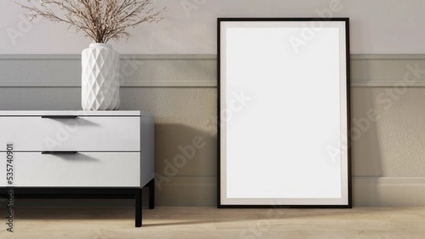 Fototapeta Living room design. View of a modern interior with a 
 white TV cabinet, decorations and a picture in a frame for editing. concept of minimalism