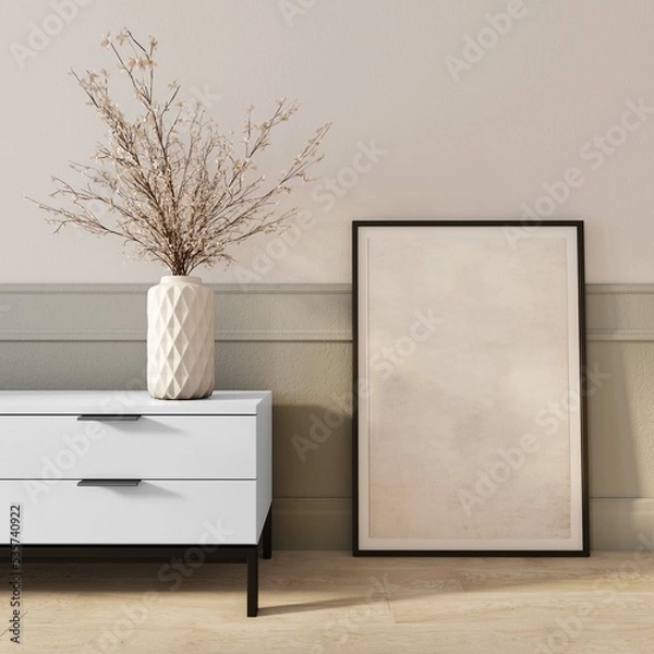 Fototapeta Living room design. View of a modern interior with a white TV cabinet, decorations and a picture in a frame for editing. concept of minimalism