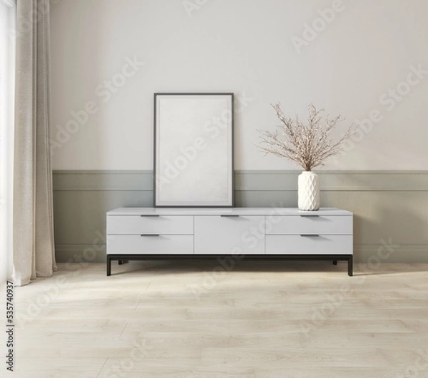 Fototapeta Living room design. View of a modern interior with a white TV cabinet, decorations and a picture in a frame for editing. concept of minimalism