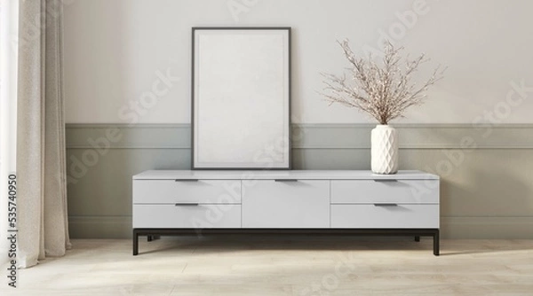 Fototapeta Living room design. View of a modern interior with a white TV cabinet, decorations and a picture in a frame for editing. concept of minimalism