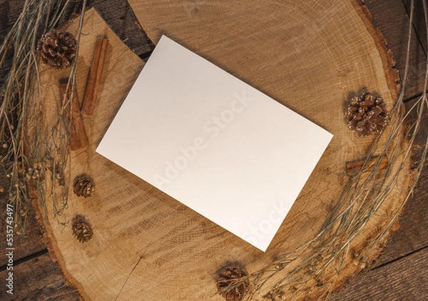 Fototapeta postcard blank on a natural wood background with cinnamon sticks, fir cones and branches. Moke up