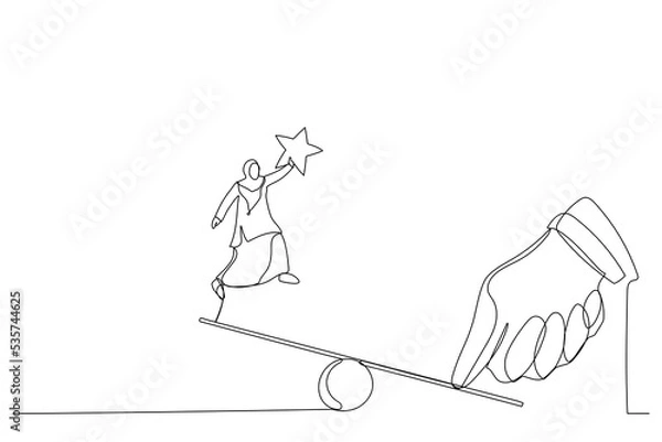 Fototapeta Drawing of giant thumb helping muslim businesswoman to jump on seesaw. Single continuous line art style