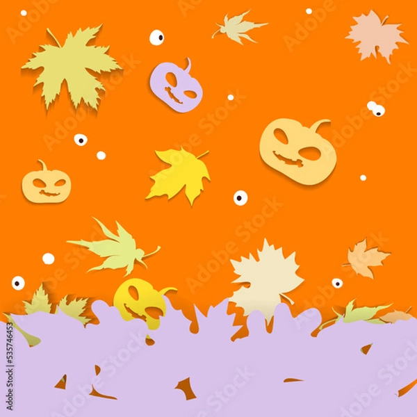 Fototapeta Festive Halloween background with bright funny pumpkins, maple decorative leaves and eyes, on a dark background