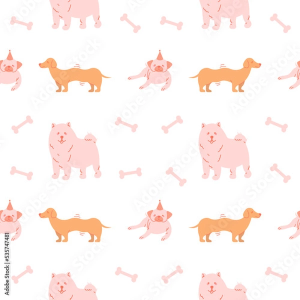 Fototapeta Vector seamless pattern with cute dogs isolated on white background. Pastel breeds with pug, dachshund and samoyed.