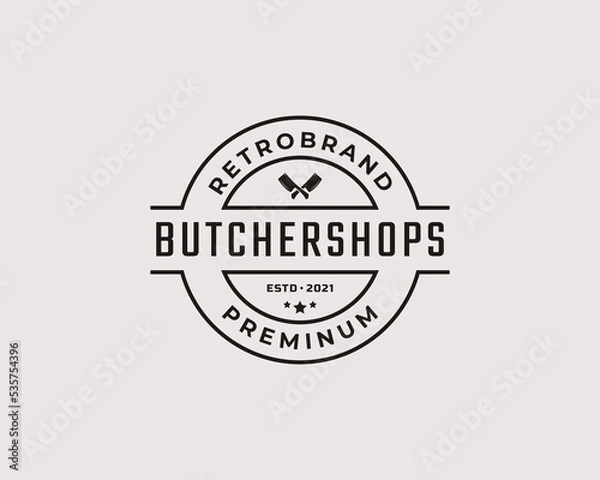 Fototapeta Vintage Retro Badge Emblem Crossed Cleaver Knife with Angus Head for Butcher shop Logo Design Linear Style