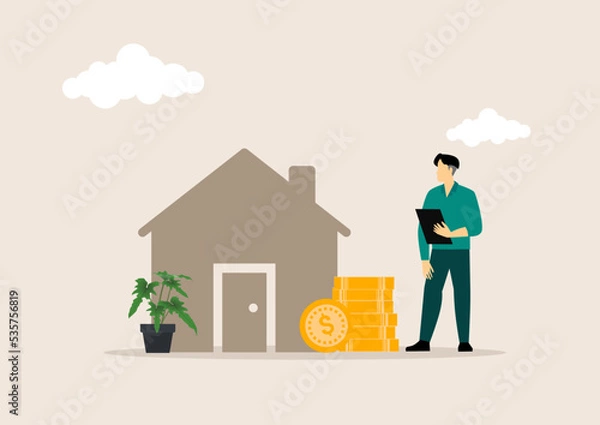 Fototapeta Man counting house price, home insurance cost, property value or rent. Realtor or real estate agent offe, saving and buying apatment. Money and small building, vector illustration concept.