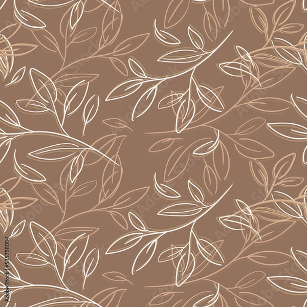 Fototapeta The foliage background is linear. Light lines in the form of foliage on a dark brown background. Seamless pattern of gift wrapping, paper, textiles. Bed linen, wedding invitation.