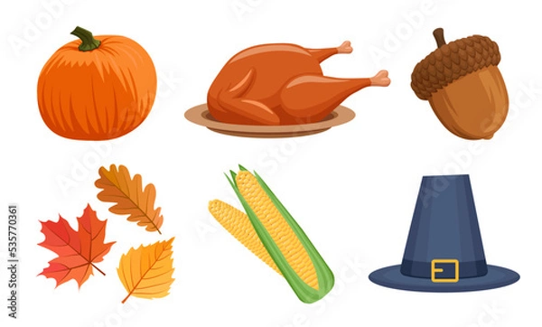 Fototapeta Thanksgiving attributes Vector Set. Autumn symbols collection.