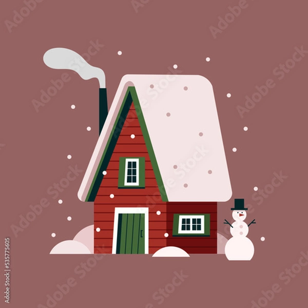 Fototapeta Vector winter house in flat style. Colorful cute red cabin with snowman under snow. Red, green and white.