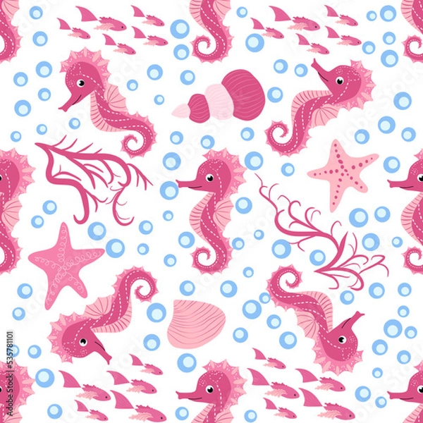 Fototapeta Seahorse and starfish seamless pattern. Sea life summer background. Cute sea life. Design for fabric and decor