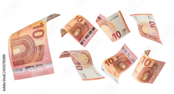 Obraz 10 euro flying on white background. Euro Union banknotes at different angles. Front side