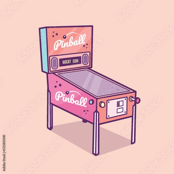 Fototapeta Vintage pinball machine, retro arcade game vector illustration