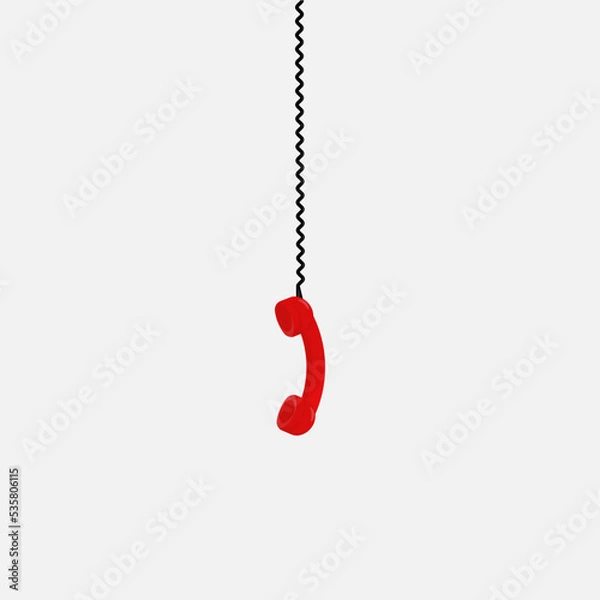 Fototapeta Retro red telephone receiver hanging on black wire. Vector cartoon illustration isolated on white background.