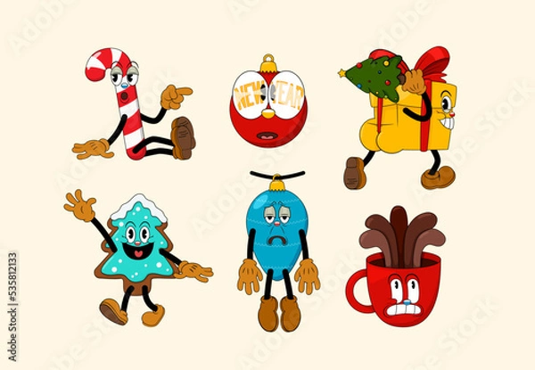 Fototapeta Set of retro cartoon stickers with funny comic characters. Cute comic gloved hands characters in Contemporary style. Doodle Comic characters for holiday of the new year and christmas.