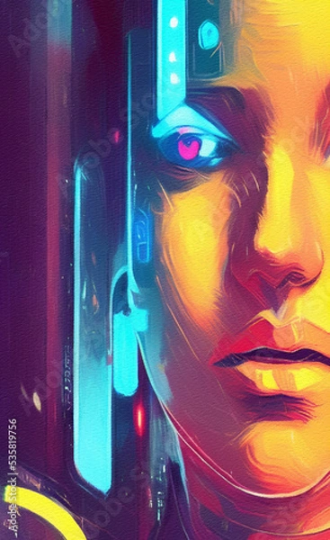 Fototapeta Cyberpunk girl portrait digital painting art. Future concept illustration of woman portrait. Graphic drawing print for poster or canvas. Futuristic design