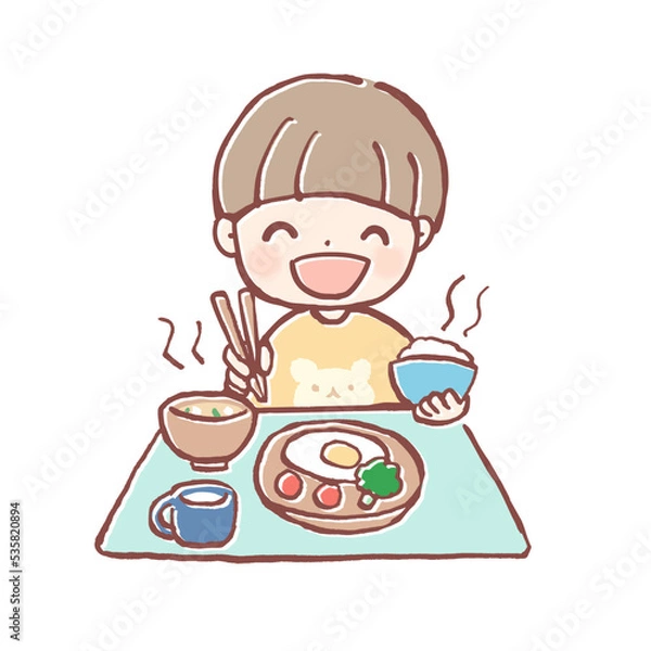 Fototapeta 美味しそうにご飯を食べる子どものイラスト