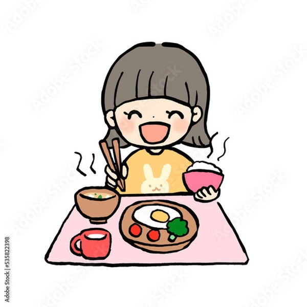 Obraz 美味しそうにご飯を食べる子どものイラスト