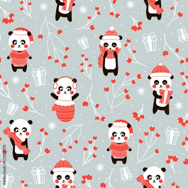 Fototapeta Christmas seamless pattern with cute chinese panda bear character on rgray background