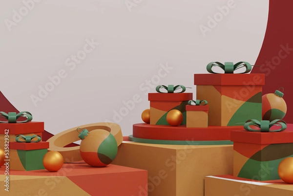 Fototapeta Merry Christmas and happy new year banner design, poster and cover design background. Christmas studio table room product display with copy space. 3D illustration