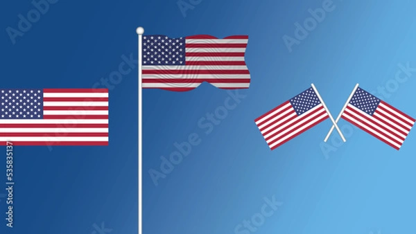 Fototapeta Waving flag of United States of America on the blue transition background vector and illustration