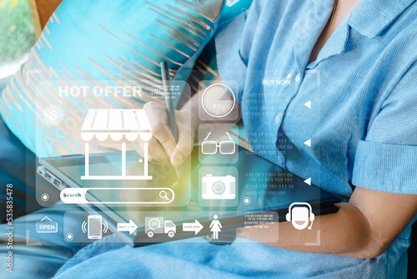 Obraz Businessman online shopping, spending money, work from home concept, ordering or selling online with modern concept of people at home.