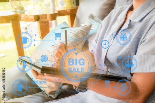 Obraz Businessman online shopping, spending money, work from home concept, ordering or selling online with modern concept of people at home.