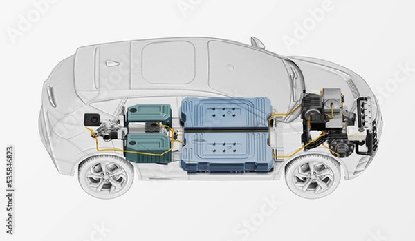 Obraz Electric car technical cutaway 3d rendering.