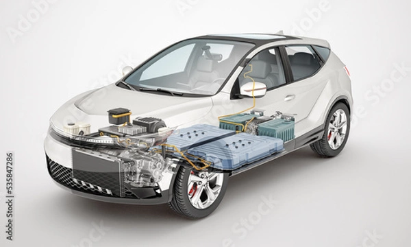 Fototapeta Electric car technical cutaway 3d rendering.