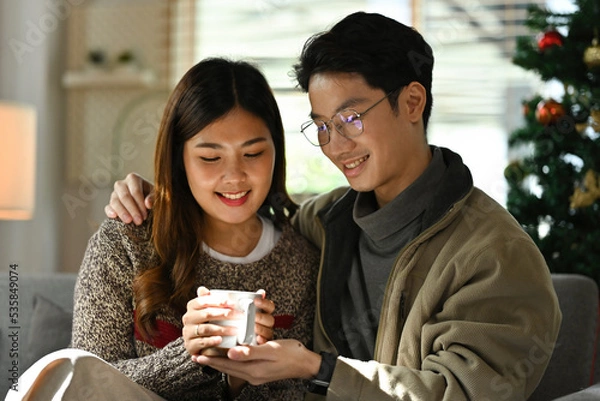 Obraz Lovely Asian couple holding hot coffee together while sitting on sofa at home on Christmas holiday.