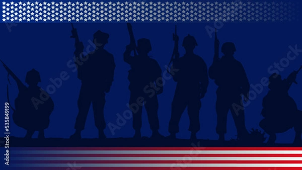 Obraz usa flag with silhouette of a army background