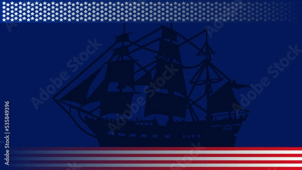 Obraz usa flag with silhouette of a ship background