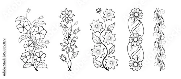 Fototapeta Set of floral line art hand drawn simple flower coloring pages for kids and adult