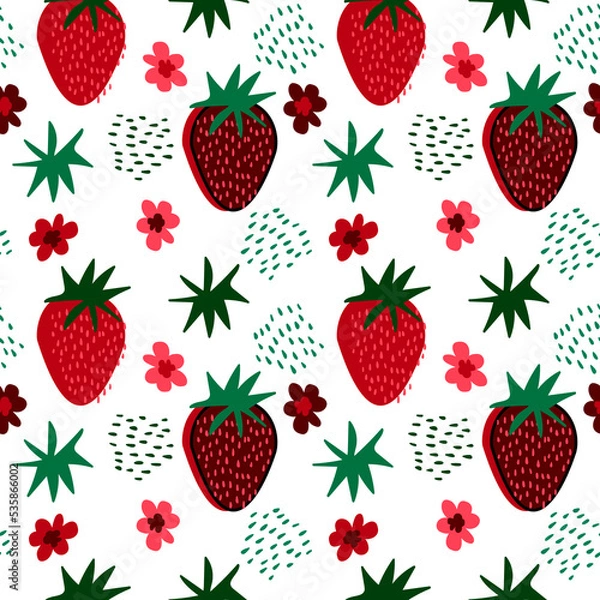 Fototapeta Hand drawn seamless pattern with strawberries, raster version. Good for surface design, children products, paper goods and more