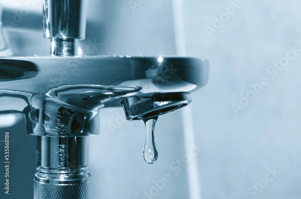 Fototapeta Chrome tap with falling water drop close up