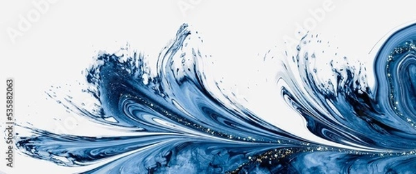 Fototapeta Dreamy abstract background made with alcohol ink technique, wave idea, ocean blue. white canvas, marble, splashing, curved texture, watercolour painting with free copy space, hand drawn fluid art	
