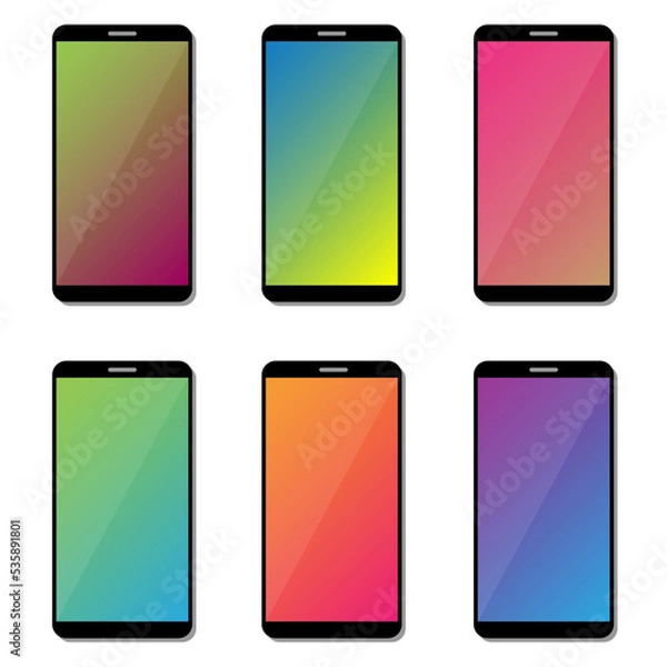 Fototapeta Different Variations Of Vivid Geometrical Pattern Wallpapers Set On Photorealistic Smartphone Screen Isolated On White Background. Set Of Vertical Abstract Backgrounds For Smartphone
