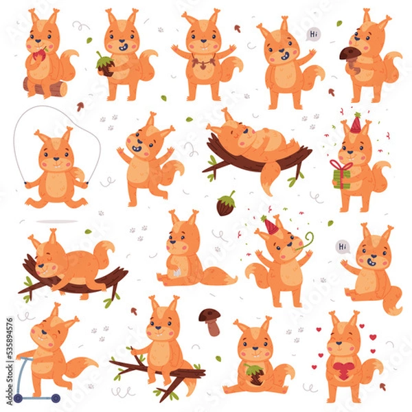 Obraz Funny Squirrel Character with Bushy Tail Engaged in Different Activity Vector Set