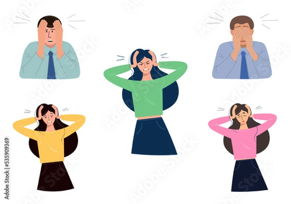 Fototapeta Set of vector colored sketches of dejected people. A young woman in depression panics, cries, yearns. Unhappy man in a bad mood covers his face with his hands. Vector of human emotions. Flat style