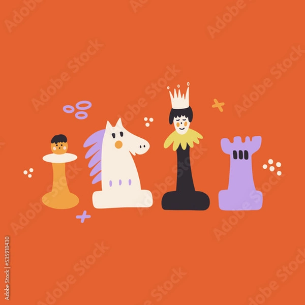 Fototapeta Vector illustration with colorful cute chess pieces on orange background.
