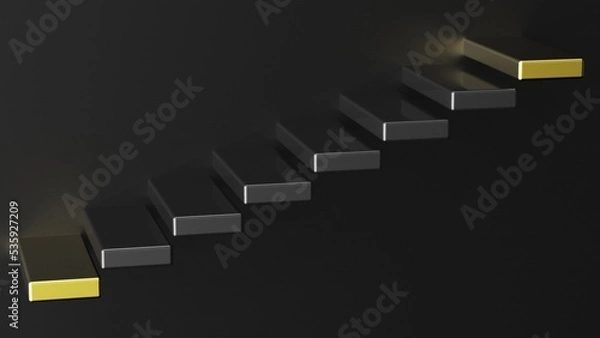 Fototapeta Black stairs leading to gold top and bottom step under black background. Concept 3D CG of success process, cramming for exams and road to wealth.